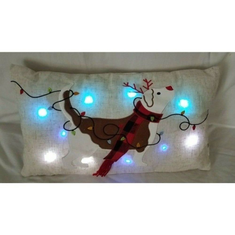 174 Accent Pillow Reindeer Dog Christmas Holiday Blinking Light-Up Buffalo Plaid - Picture 4 of 12